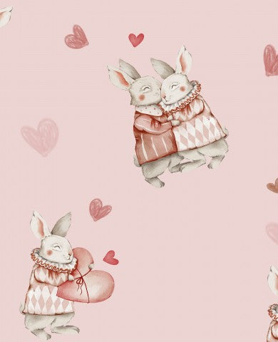 Rib Jersey rabbits and hearts on pink background