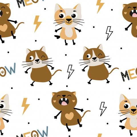 Satén de algodón con lindos gatos y relámpagos.