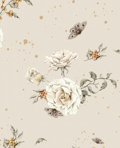 Mussola con motivo floreale con rose e farfalle su sfondo beige