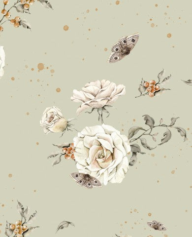 Mussola con motivo floreale con rose bianche e farfalle