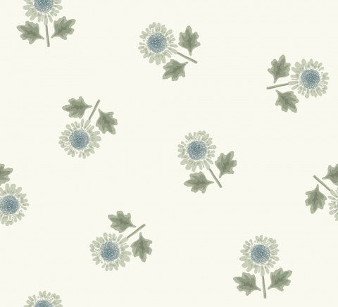 French Terry, carta da parati con motivo floreale bianco e blu