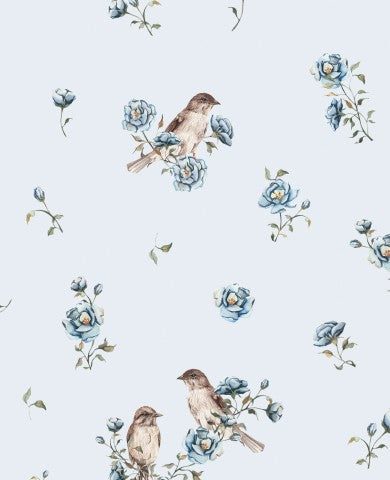 SoftShell eine blau-weiße Blumentapete mit Vögeln und Blumen