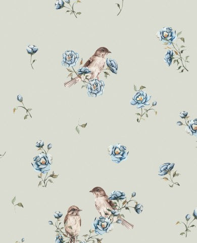 French Terry Vögeln und Blumen auf hellblauem Hintergrund