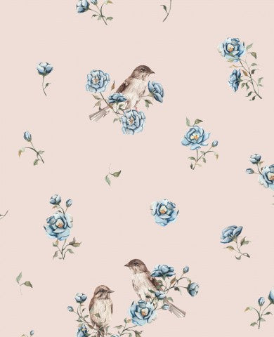 French Terry Vögeln und Blumen auf einem rosa Hintergrund
