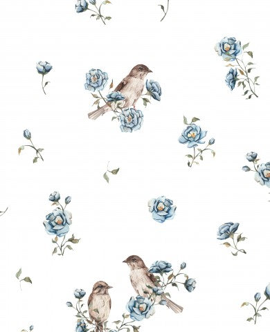 Hvide lærredsbomuldsfugle i blå blomster - Naturinspireret sytråd til din næste kjolekreation. Bomuldsstifter med brede overflader til at skabe din vision