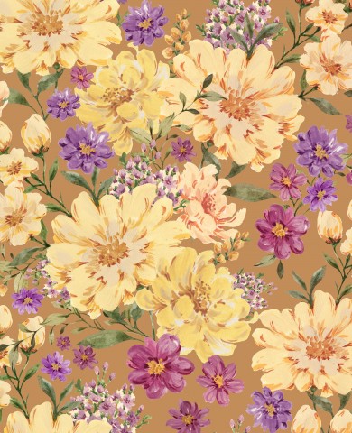 Rib Jersey a floral pattern with yellow, purple and pink flowers