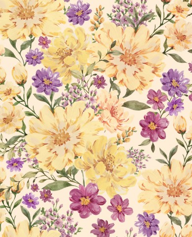 Waterproof fabric floral wallpaper with yellow, purple and white flowers