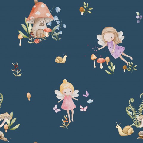 French Terry fairy and mushrooms on blue background