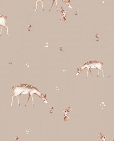French Terry a pattern of deer and rabbits on a beige background