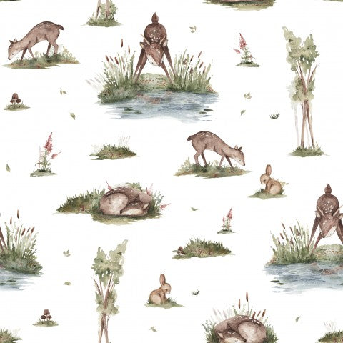 Satin cotton a watercolor pattern of deer and rabbits in the forest