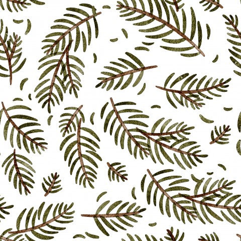 Weißer Baumwoll-Stoff mit Waldtannen-Zweigen auf Canvas Basis, ideal für deine nächste Nähprojekt.