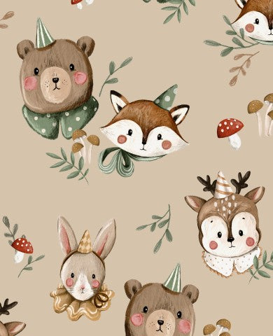 Satin cotton forest animals and mushrooms