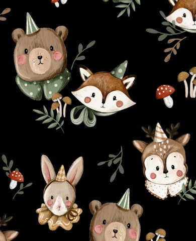 Satin cotton cute animals and mushrooms on black background
