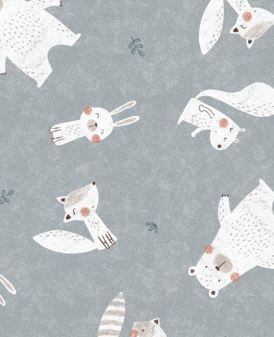 French Terry a grey and white pattern with animals on it