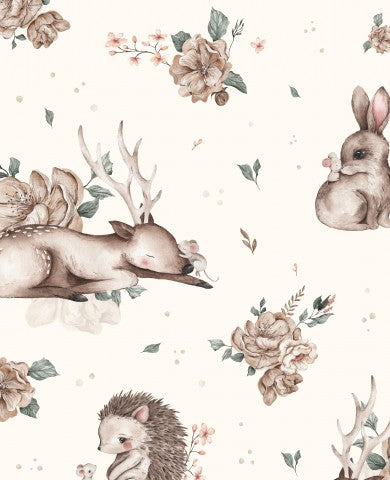Satin cotton deer, hedgehogs and flowers