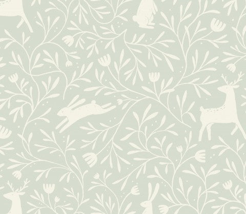 Satin cotton a white-green wallpaper with deer and flowers