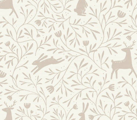 Satijnen katoenen beige bloemenbehang met herten en bloemen