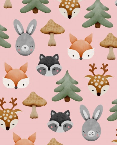 Rib Jersey forest animals on pink background