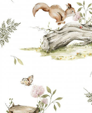 Satin bomuld et akvarel tapet med egern og blomster