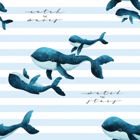 Satin cotton watercolor whales on a striped background