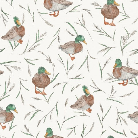 Waterproof fabric with a duck pattern on a white background