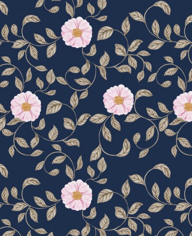 Jersey con estampado floral de flores rosas y hojas sobre un fondo azul oscuro.