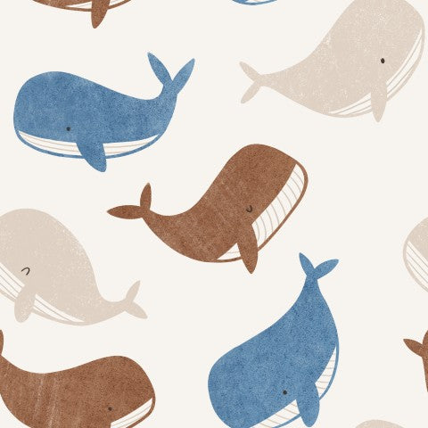 Rib jersey pattern of blue, brown and white whales