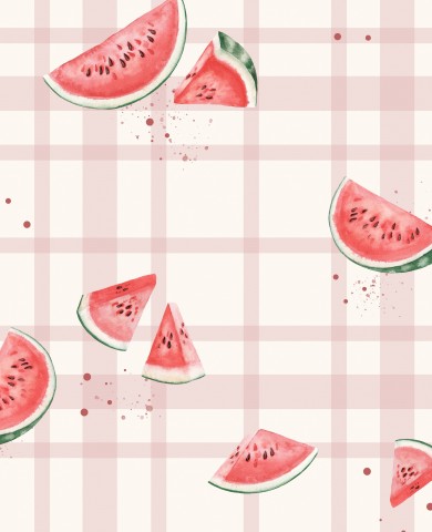 French Terry watermelon pattern on pink checked background
