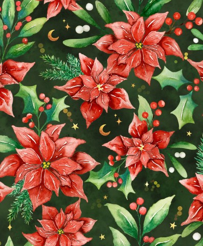 Satin Baumwolle Weihnachtssternblüten auf grünem Hintergrund