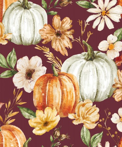 Wasserdichter Stoff Kürbisse und Blumen auf einem burgunderfarbenen Hintergrund