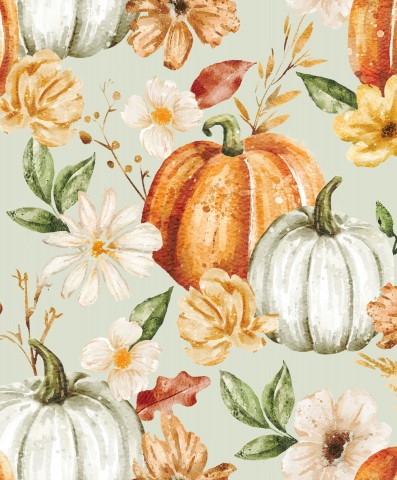 Jersey pumpkins and flowers on a green background