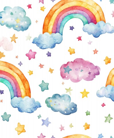 French Terry watercolor pattern with rainbow, clouds and stars