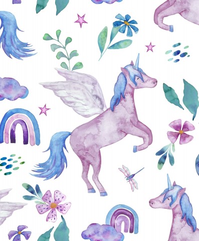 French Terry a watercolor pattern with unicorns and rainbows