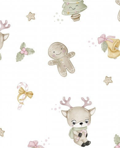 French Terry Weihnachtsmuster mit niedlichen Rentieren und Lebkuchenmännern