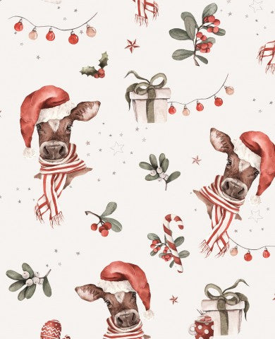 Tessuto impermeabile con motivo natalizio raffigurante una mucca che indossa un cappello da Babbo Natale