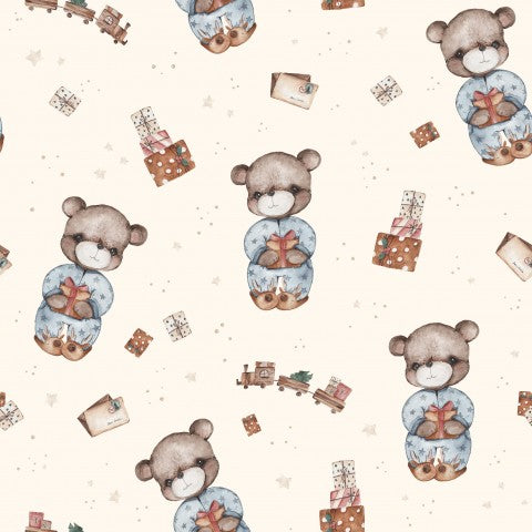 Muslin teddy bears on beige background
