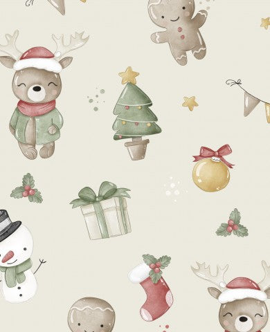 French Terry Weihnachtsmuster mit Rentier, Weihnachtsmann und Schneemann