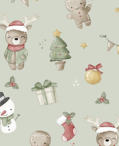 French Terry Weihnachtsmuster mit Rentieren, Weihnachtsmann und Schneemann