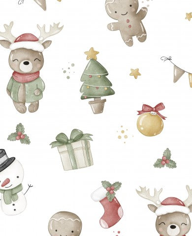 Satin cotton Christmas pattern with reindeer, Santa Claus and other items