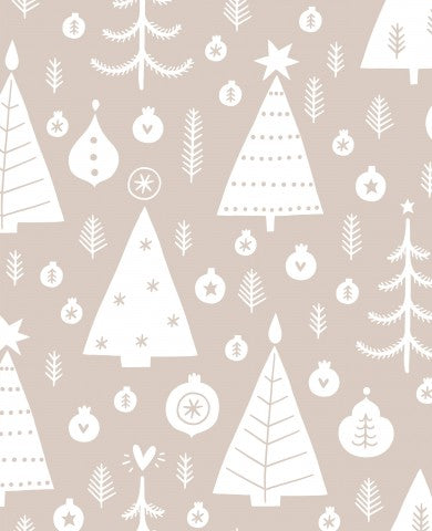 Alberi di Natale e decorazioni in mussola su sfondo beige