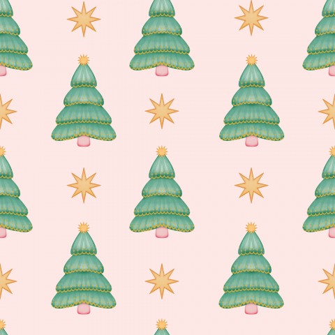 Waterproof fabric Christmas trees and stars on a pink background