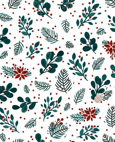 Rib Jersey a Christmas pattern with red and green leaves and berries