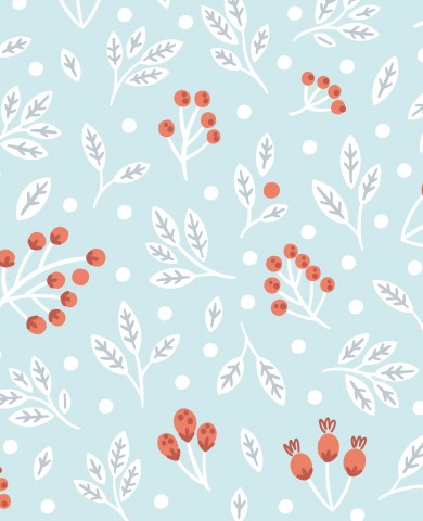 Baies et feuilles en French Terry sur fond bleu