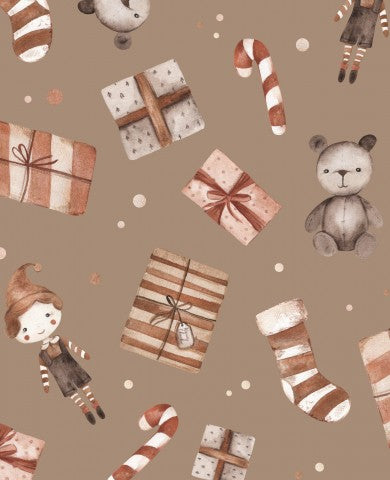 French Terry Weihnachtsmuster mit Teddybär, Geschenken und Zuckerstange