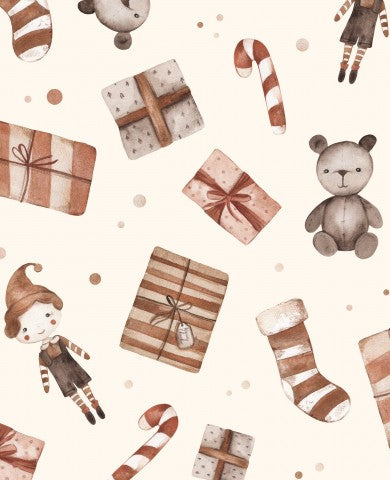 Muslin watercolor Christmas pattern with teddy bears and gifts