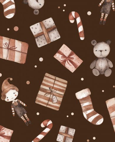 Muslin Christmas pattern with teddy bear, gifts and candy canes