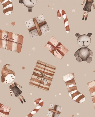 French Terry Weihnachtsmuster mit Teddybären und Geschenken
