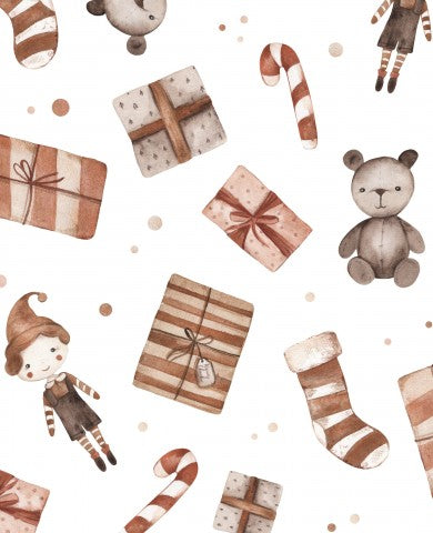 Motif aquarelle de Noël en French Terry avec ours en peluche et cadeaux