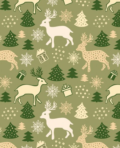 Waterdicht stof kerstpatroon met rendieren en bomen op een groene achtergrond