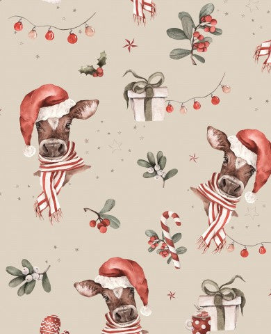 Motivo natalizio in French Terry con una mucca che indossa un cappello da Babbo Natale